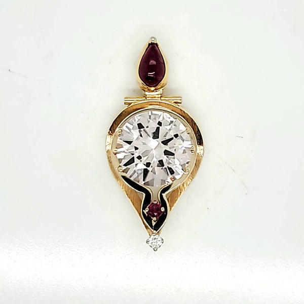 18kt Yellow Gold White Sapphire Ruby and Diamond Hand Fabricated Pendant