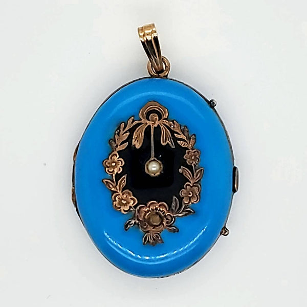 Antique Victorian 10kt Yellow Gold Blue Enamel and Seed Pearl Locket