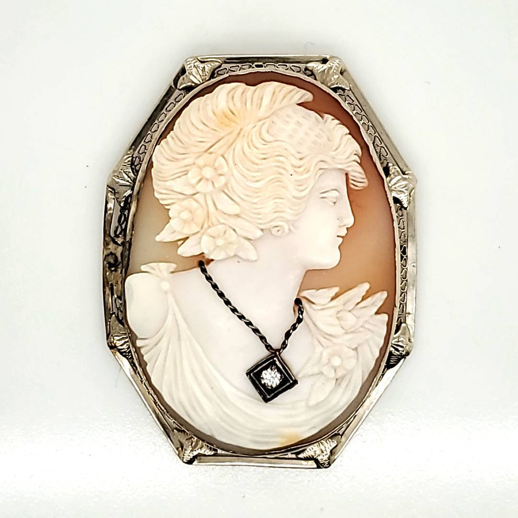 Vintage 14kt White Gold and Diamond Cameo Pendant