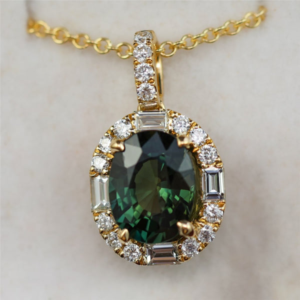14kt Yellow Gold Green Sapphire and Diamond Pendant Necklace