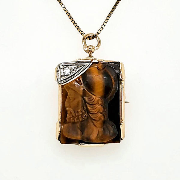 Vintage 10kt Yellow  and White Gold Carved Tigers Eye Soldier Cameo Pendant/Brooch