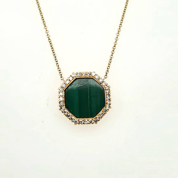 Vintage 18Kt Yellow Gold Malacite And Diamond Pendant Necklace