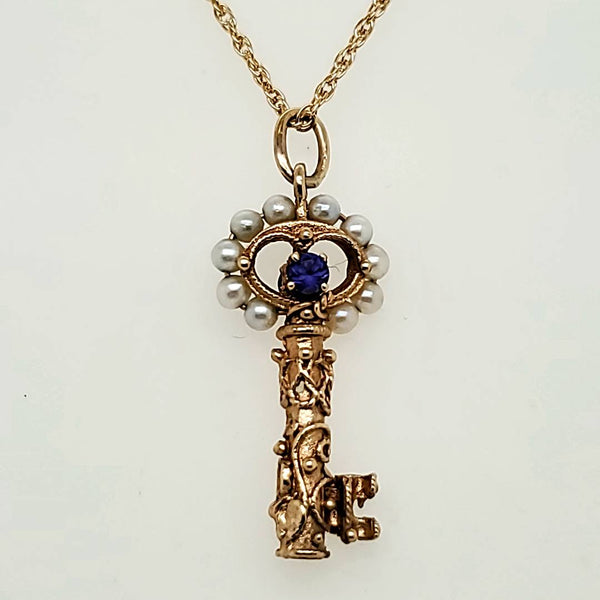 Vintage 14kt Yellow Gold Amethyst and Pearl Key Pendant on Chain