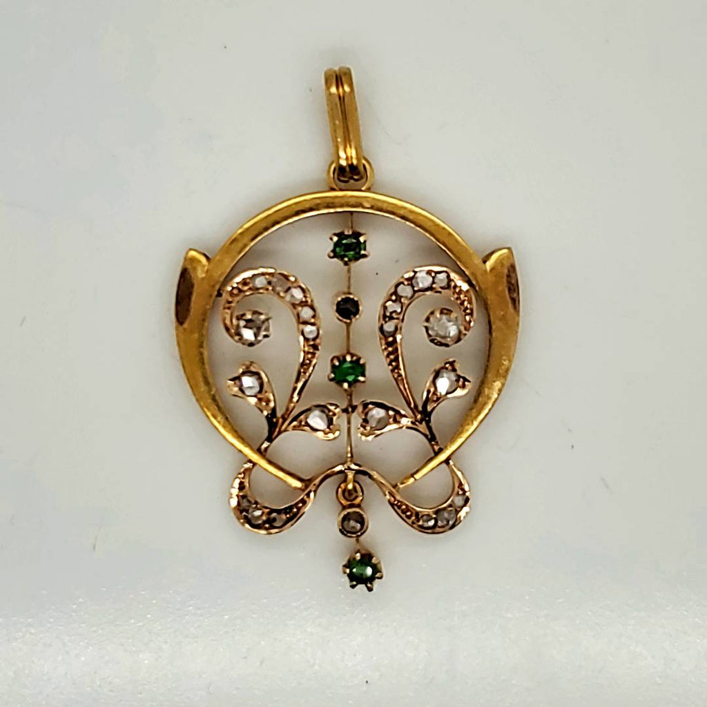 Edwardian Belle Epoch 14kt Yellow Gold Diamond and Demantoid Garnet Pendant