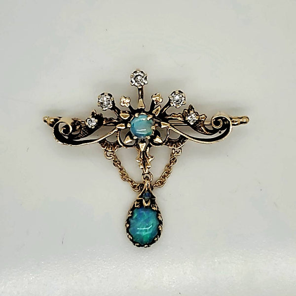 Vintage 14kt Yellow Gold Opal and Diamond Pendant Brooch