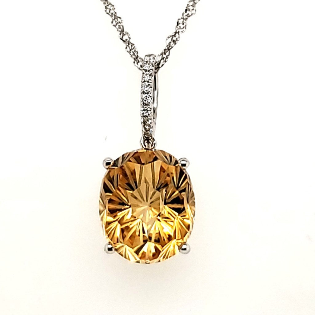 14kt White Gold Oval Fantasy Cut Citrine and Diamond Pendant