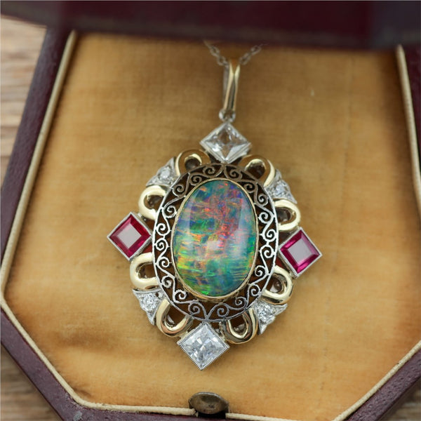 Platinum Opal Ruby and Diamond Pendant