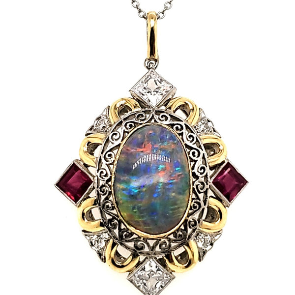 Platinum Opal Ruby and Diamond Pendant