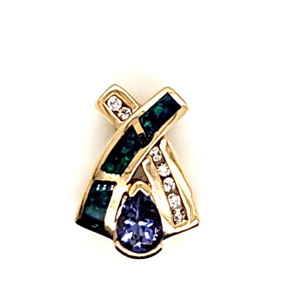 14Kt Yellow Gold Tanzanite Opal And Diamond Pendant