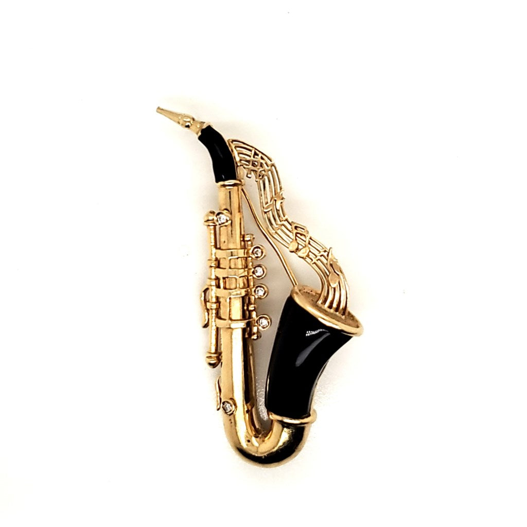 Vintage 14kt Yellow Gold Diamond and Onyx Saxophone pendant