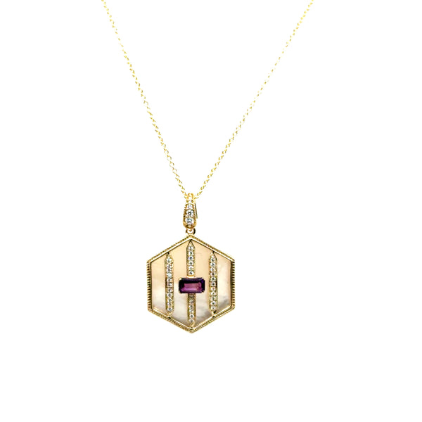 14kt Yellow Gold Octagon MOP, Amethyst, And Diamond Pendant Necklace