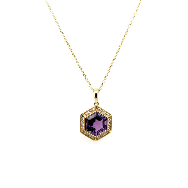 14kt Yellow Gold Octagon Amethyst And Diamond Necklace