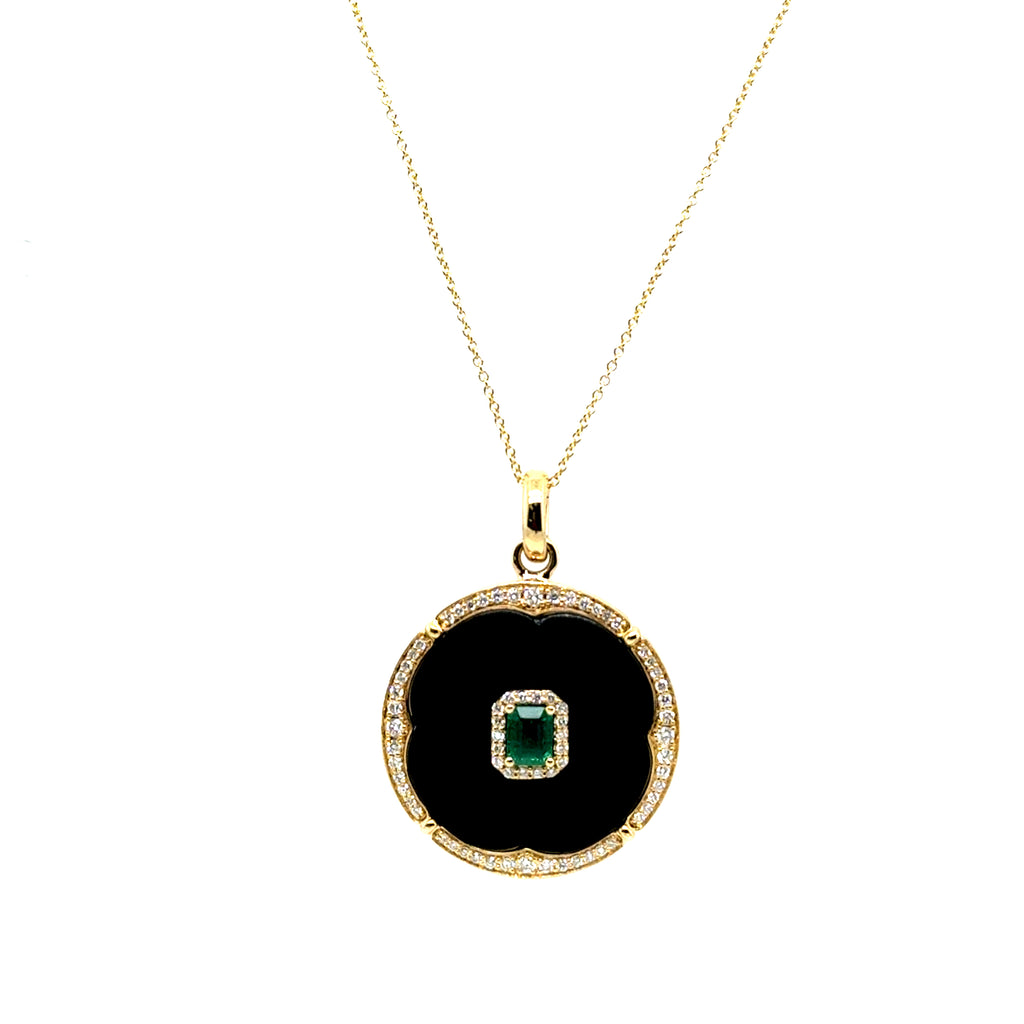 14kt Yellow Gold Black Onyx Emerald And Diamond Pendant On Chain