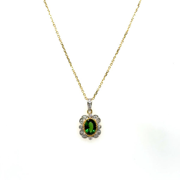 14kt Two Tone Tsavorite Garnet And Diamond Pendant Necklace On Cable Chain