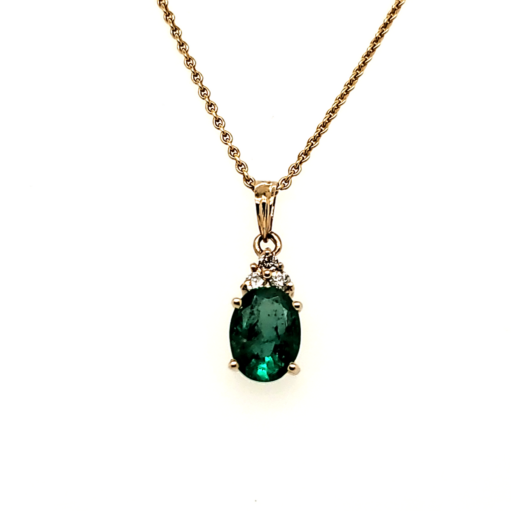 14Kt White Gold Oval Emerald And Diamond Pendant