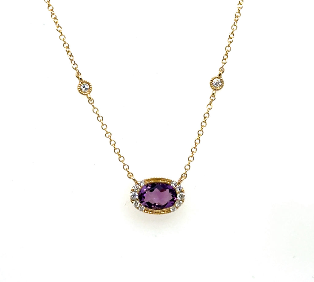 14kt Yellow Gold Amethyst And Diamond Pendant On Chain