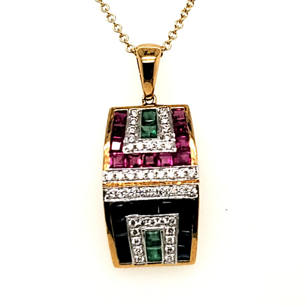 18kt Yellow Gold Emerald Ruby Sapphire and Diamond Pendant Necklace