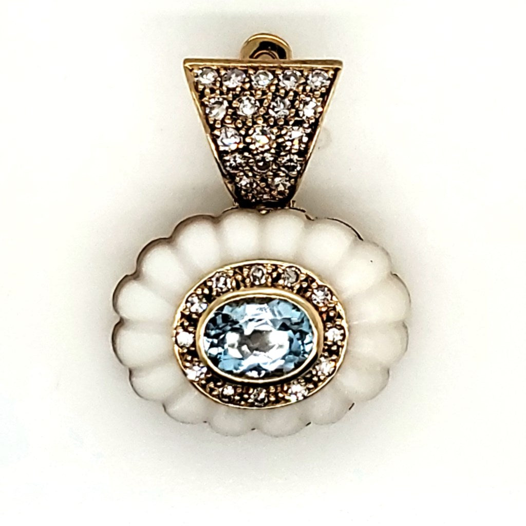 14Kt Yellow Gold Mother Of Pearl Swiss Blue Topaz and Diamond Pendant/Enhancer