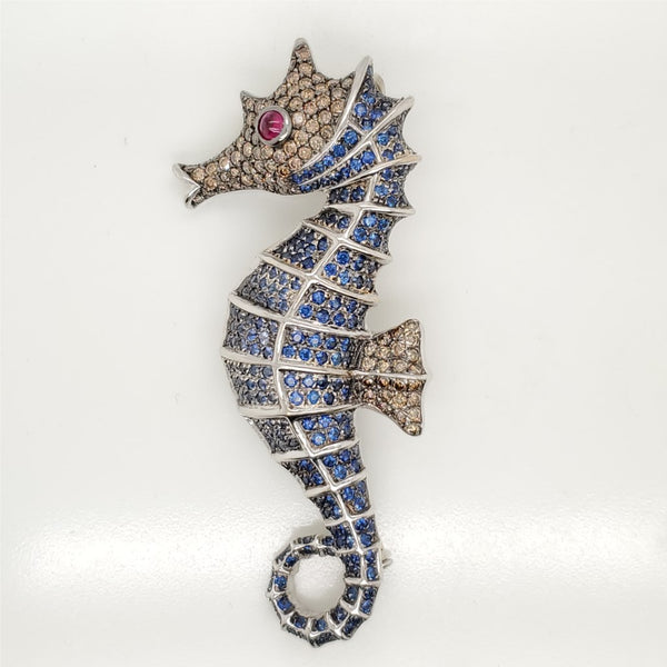 18kt White Gold Diamond Ruby and Sapphire Seahorse Pendant Brooch on a Diamond Chain