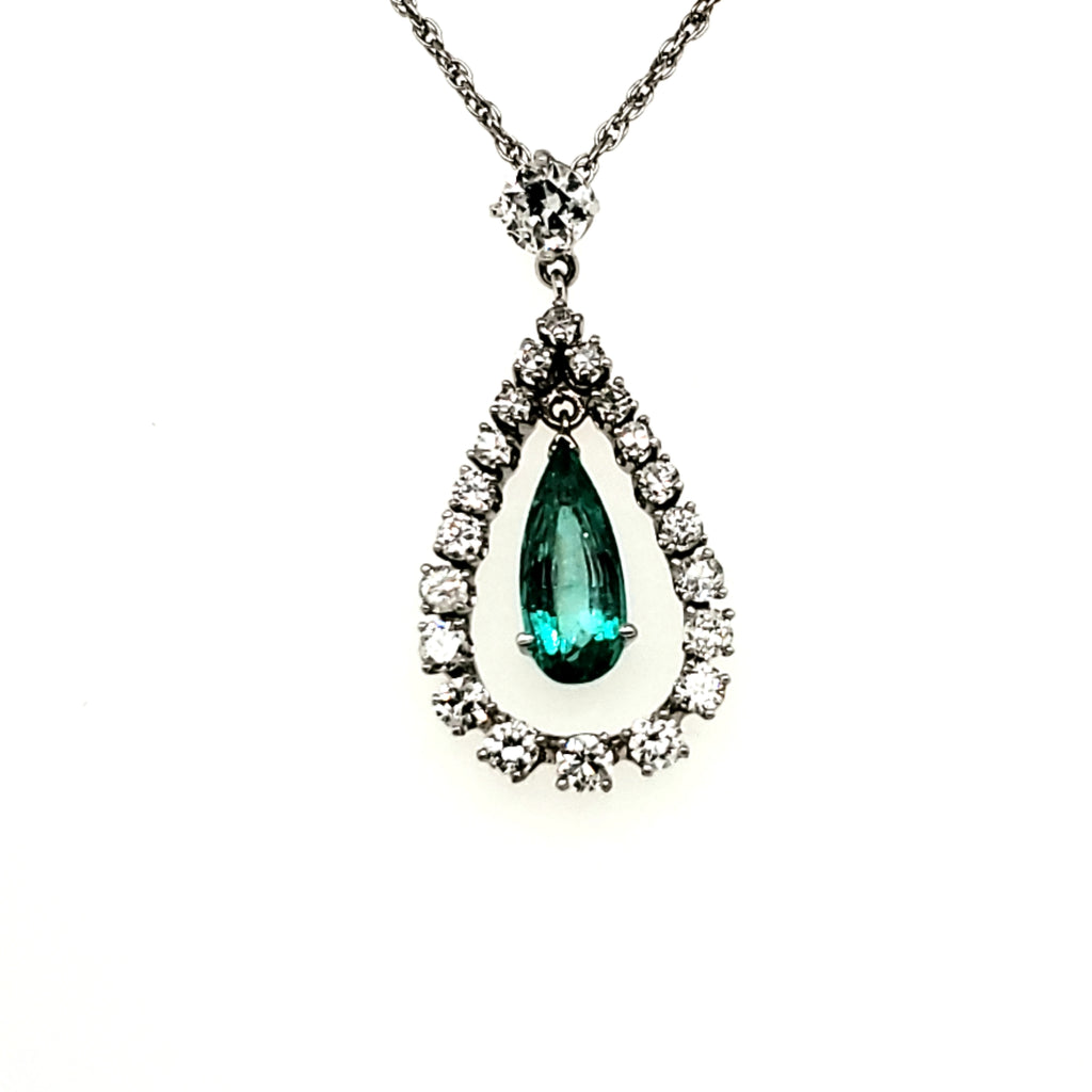 14kt White Gold Emerald and Diamond Pendant