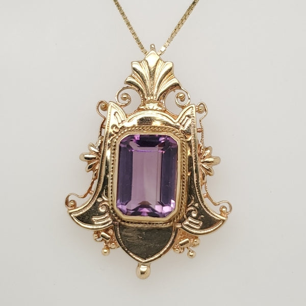Vintage 14kt Yellow Gold Amethyst Pendant or Brooch