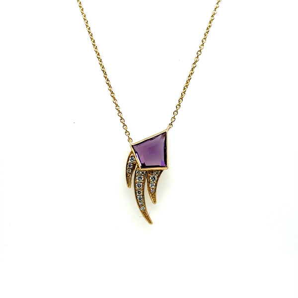 1.22Ctw 14kt Yellow Gold Amethyst And Diamond Feather Necklace