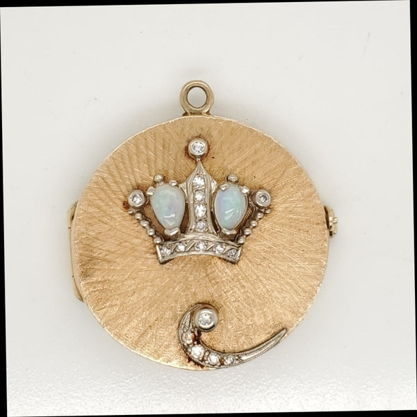 Vintage 14kt Yellow Gold Opal and Diamond Locket Pendant