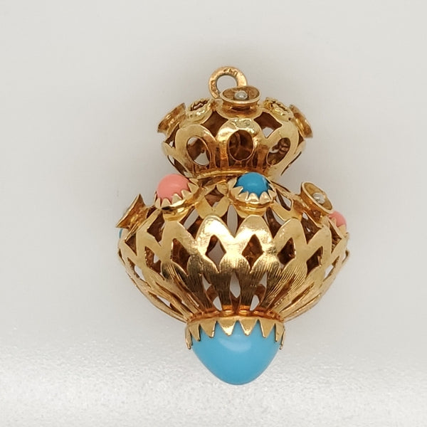 18kt Yellow Gold Turquoise and Coral Pendant Charm