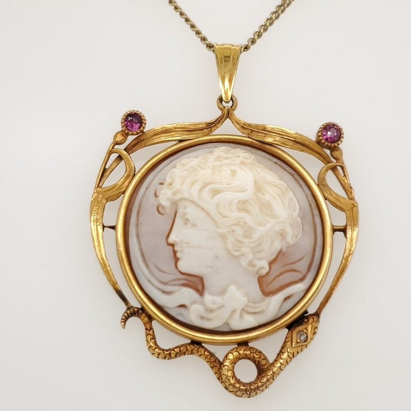 Antique Art Nouveau 14kt Yellow Gold Snake Motif Cameo Pendant