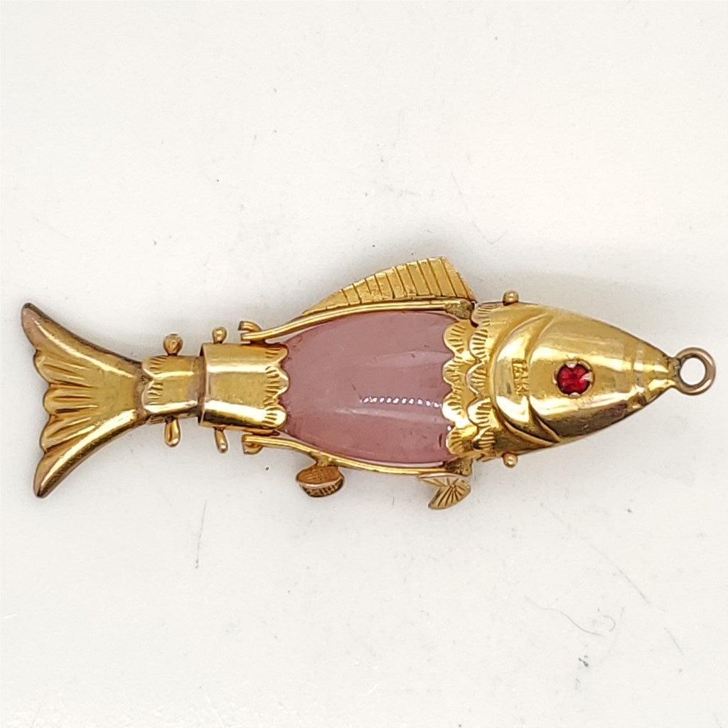 Vintage 14kt Yellow Gold and Rose Quartz Fish Charm Pendant