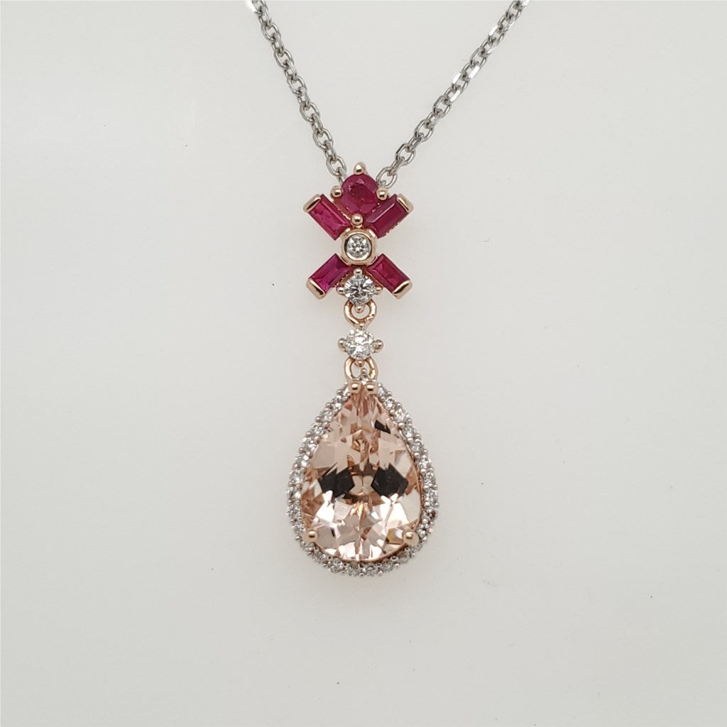 14kt Rose Gold Pear Shaped Morganite Ruby and Diamond Pendant Necklace
