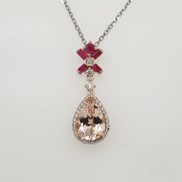 14kt Rose Gold Pear Shaped Morganite Ruby and Diamond Pendant Necklace