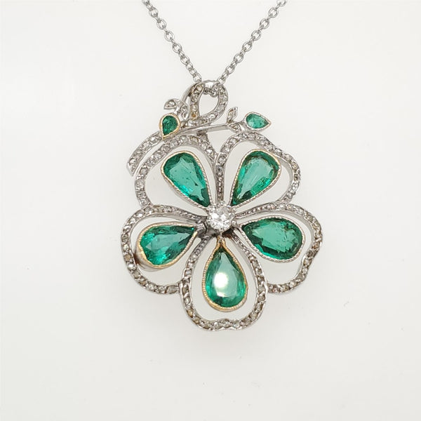 Platinum Edwardian Emerald and Diamond Pendant Necklace