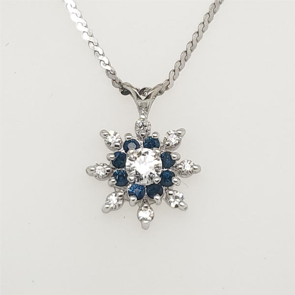 Vintage 14kt White Gold Sapphire And Diamond Snowflake Pendant On Chain