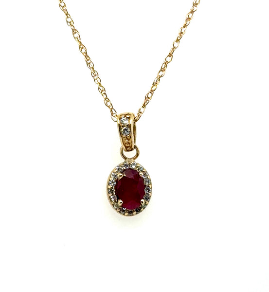 0.67 Ctw 14Kt Yellow Gold Ruby And Halo Diamond Pendant On Chain