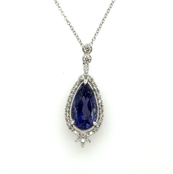 2.32 Ctw 14Kt White Gold Tear Drop Iolite And Diamond Necklace