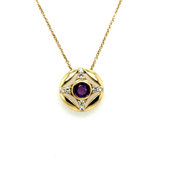 0.63 Ctw14Kt Yellow Gold Circular Amethyst And Diamond Necklace