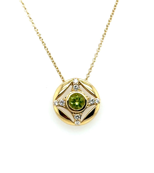 0.70 Ctw14Kt Yellow Gold Circular Peridot And Diamond Necklace