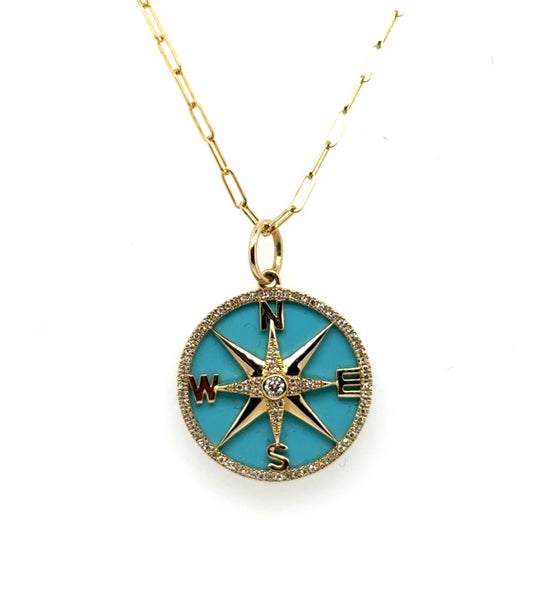 14kt Yellow Gold Turquoise and Diamond Compass Pendant Necklace