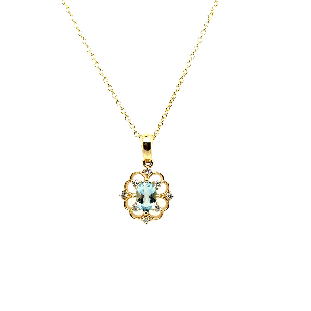 14kt Yellow Gold 0.53 Ctw Oval Blue Aqua And Diamond Pendant