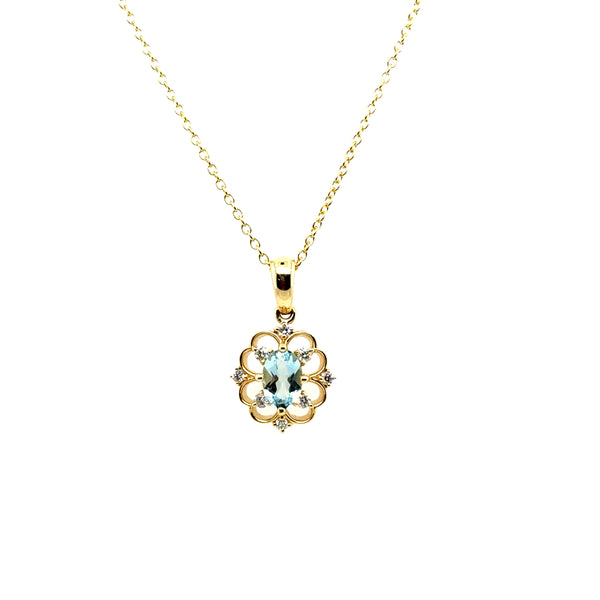 14kt Yellow Gold 0.53 Ctw Oval Blue Aqua And Diamond Pendant