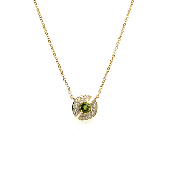 0.44 Ctw14Kt Yellow Gold Circular Peridot And Diamond Necklace