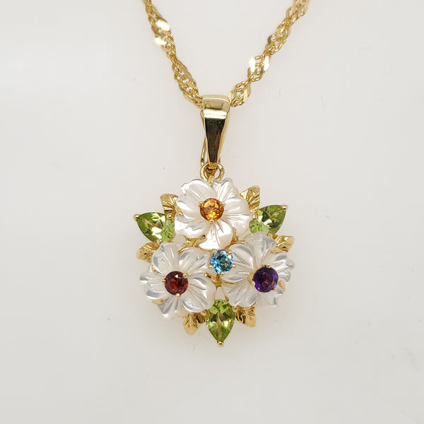 18kt Yellow Gold Mother of Pearl and Gemstone Flower Pendant Necklace