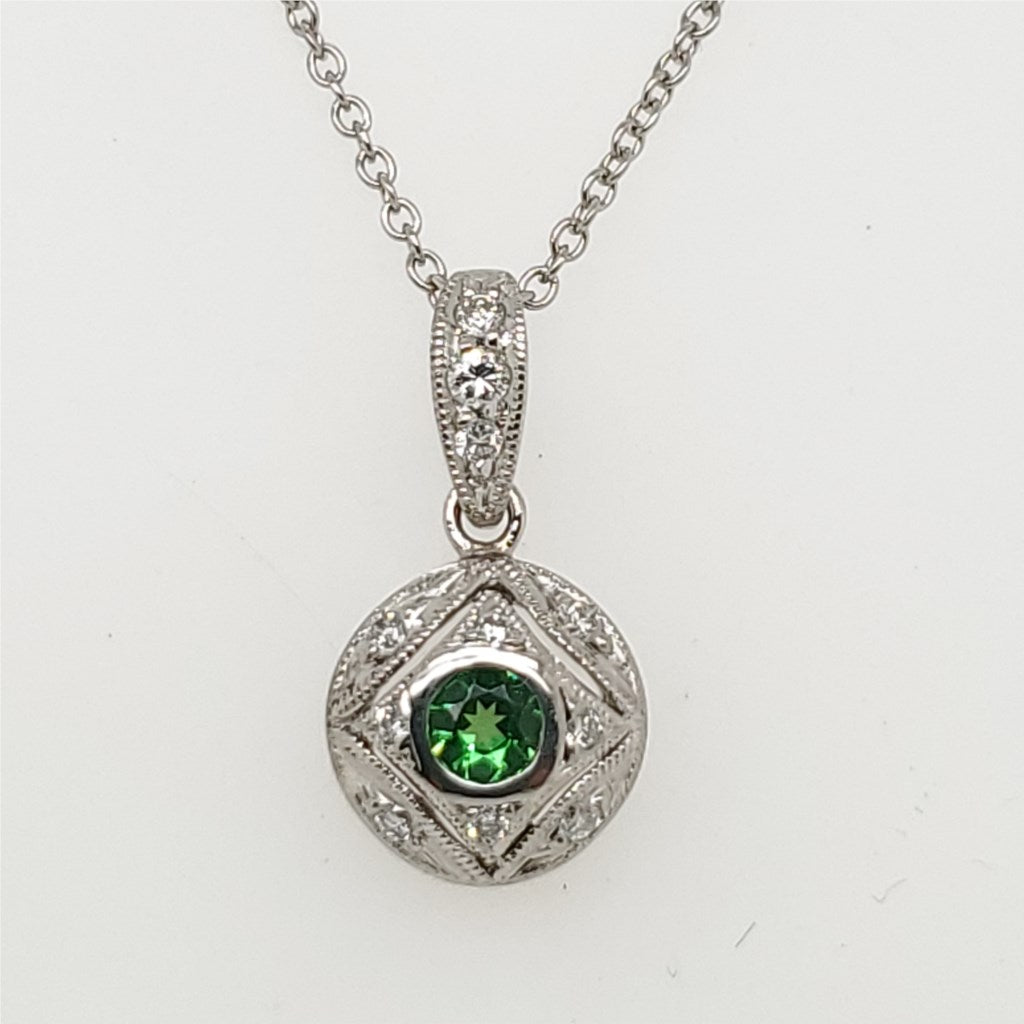 Platinum Demantoid garnet and Diamond Pendant Necklace