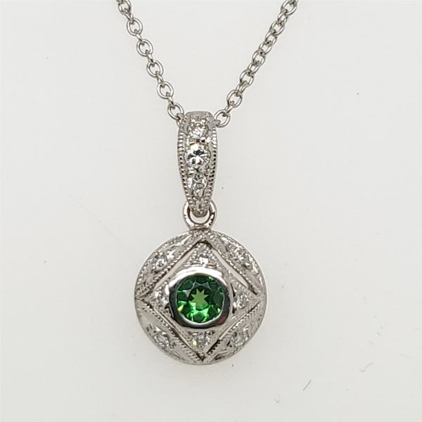 Platinum Demantoid garnet and Diamond Pendant Necklace