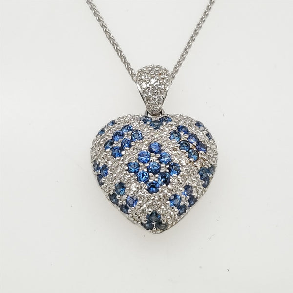 14kt White Gold Sapphire and Diamond Heart Pendant Necklace