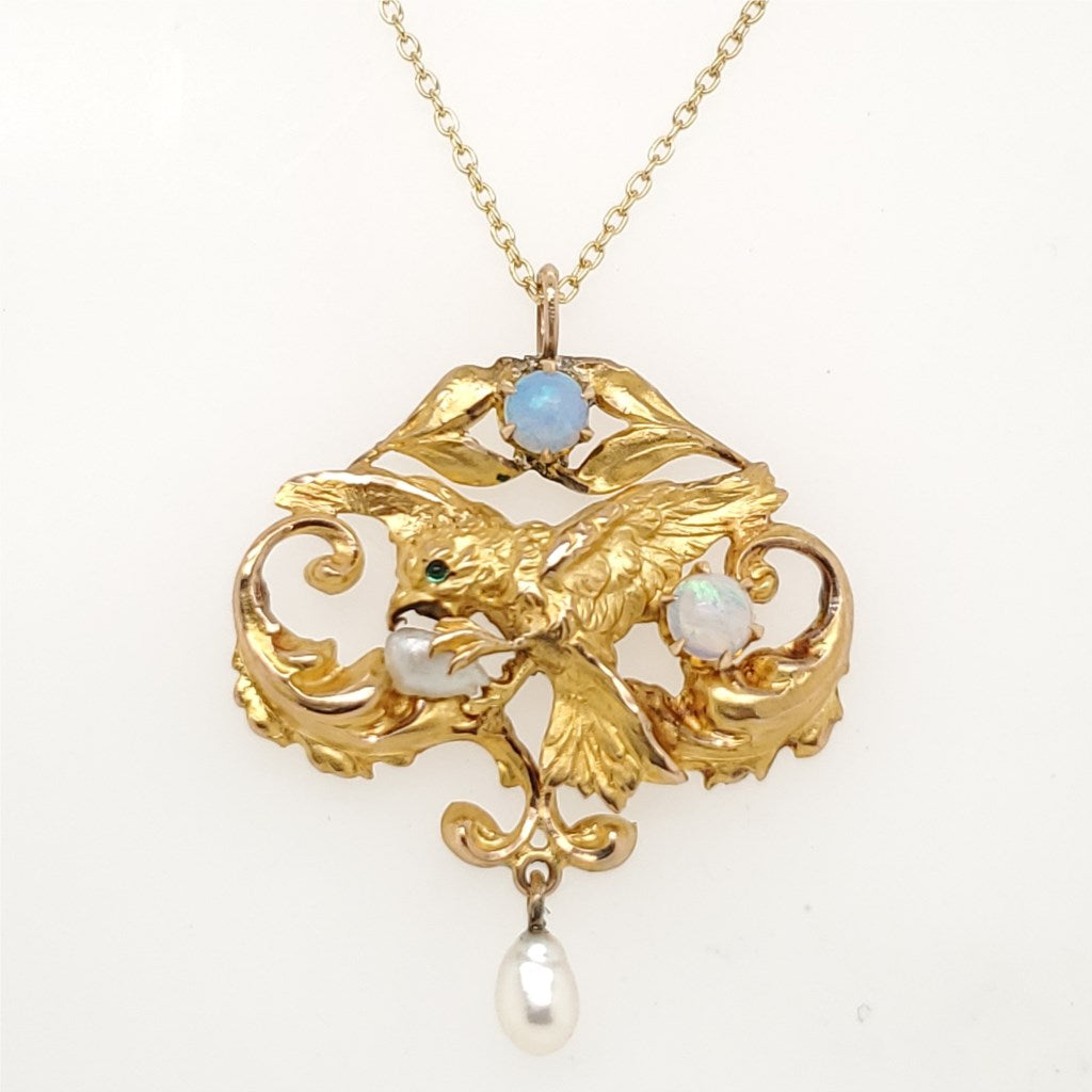 Art Nouveau 14Kt Yellow Gold Opal Pearl and Sapphire Bird Pendant