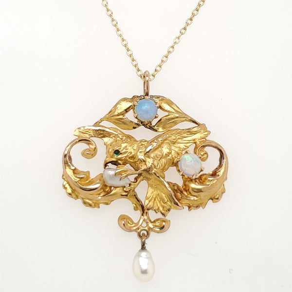 Art Nouveau 14Kt Yellow Gold Opal Pearl and Sapphire Bird Pendant