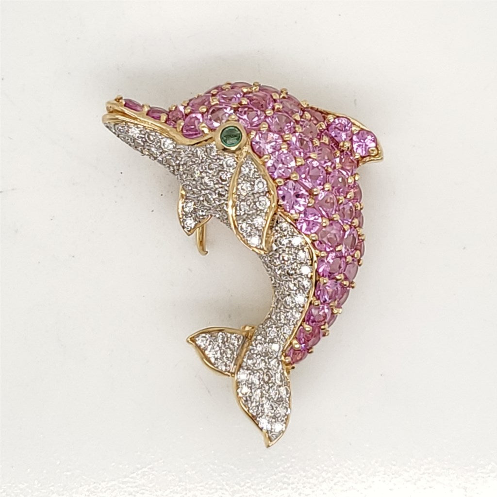 LeVian 18Kt Yellow Gold Pink Sapphire Diamond And Emerald Leaping Dolphin Brooch/Pendant