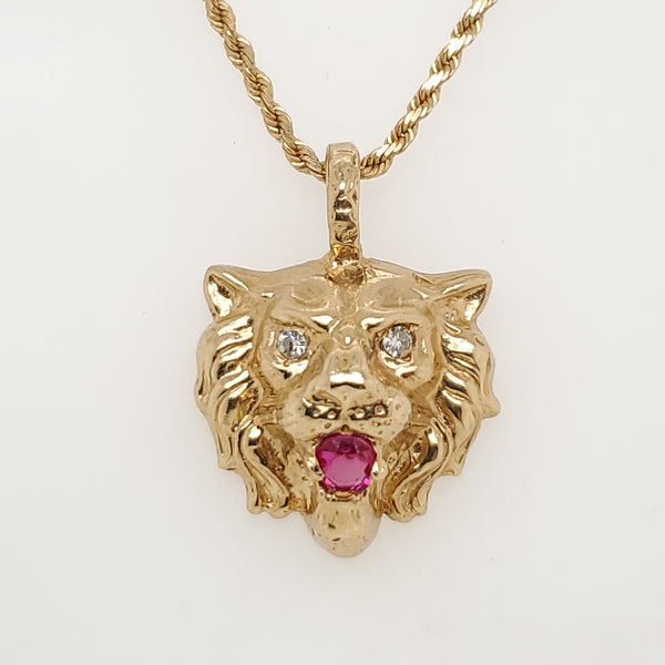 Vintage 14kt Yellow Gold Diamond and Ruby Lion Head Pendant Necklace